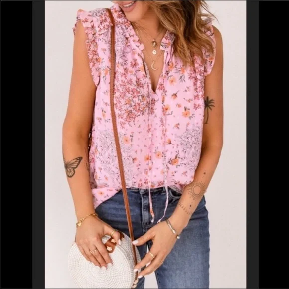 #30 Pink Floral V-Neck Tie Sleeveless Tank - Picture 2 of 2